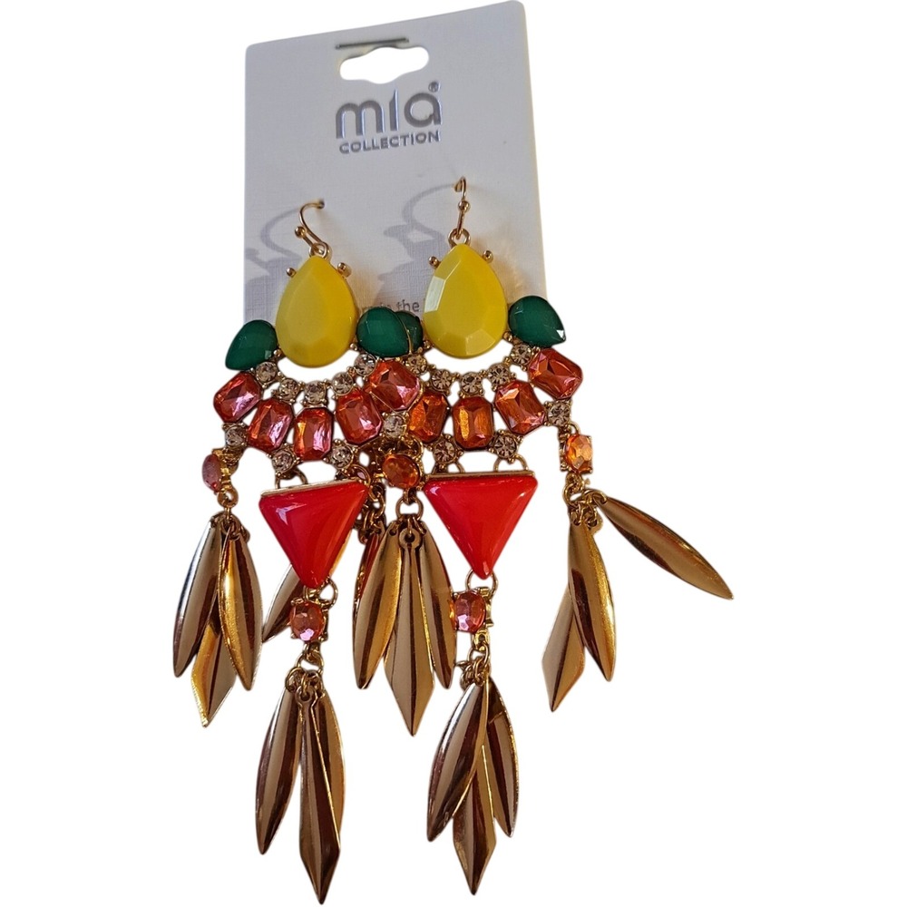 Mia Collection Multi-Color Statement Chandelier Earrings Gold Tone Leaf Dangle